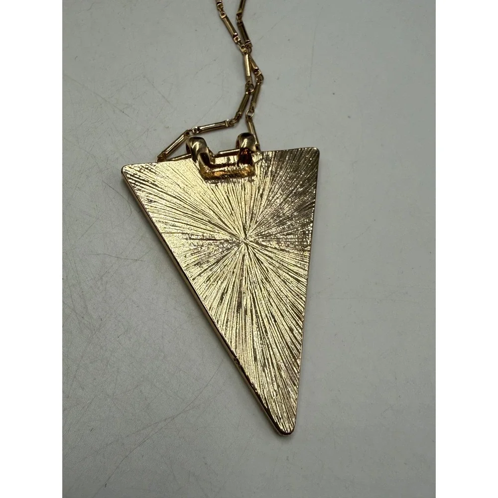 Gold Tone Large Triangle Iridescent Amber Shell Inlay Statement Necklace